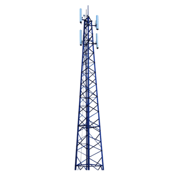 tall blue telecommunications tower stands against clear background, featuring multiple antennas for signal transmission. structure is designed for efficient communication and connectivity png