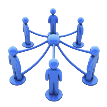 group of blue 3D figures are connected in network, symbolizing teamwork and communication. figures are arranged in circle, each linked to central hub, representing collaboration png