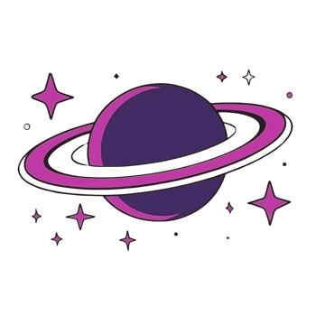 stylized illustration of purple planet with pink rings surrounded by stars, evoking sense of cosmic wonder and fantasy. vibrant colors and simple design create playful space theme png