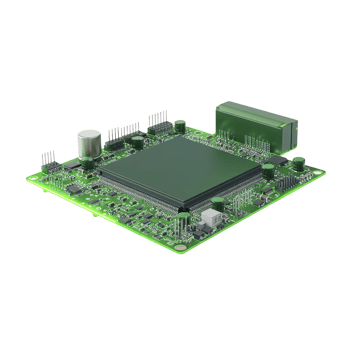 green circuit board with various electronic components, including capacitors and connectors, is shown. intricate design highlights complexity and precision of modern technology png