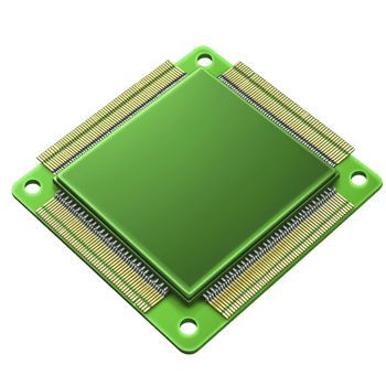 green computer microchip with gold connectors, showcasing intricate electronic design and technology. chip is square with visible pins, highlighting its role in computing hardware png