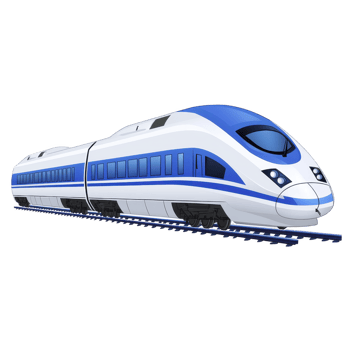 sleek, modern high speed train with blue and white design, showcasing aerodynamic features and large windows, traveling on railway tracks png