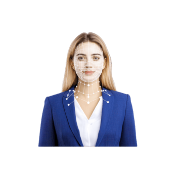 woman in blue suit is facing forward with digital facial recognition grid overlaying her face, symbolizing technology and security png