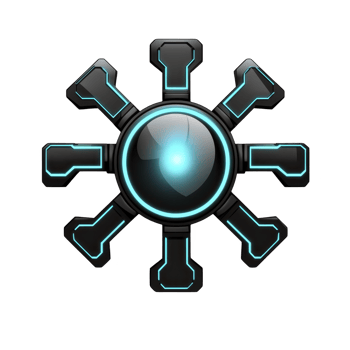 futuristic, glowing blue and black digital icon resembling gear or hub with central orb and radiating spokes, evoking sense of technology and innovation png