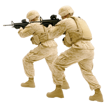 Two soldiers in desert camouflage uniforms are aiming rifles, demonstrating tactical stance. They wear helmets and protective gear, emphasizing readiness and focus in military setting png