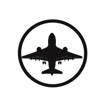 silhouette of airplane is centered within circular border, creating simple and bold aviation themed design. image conveys sense of travel and adventure png