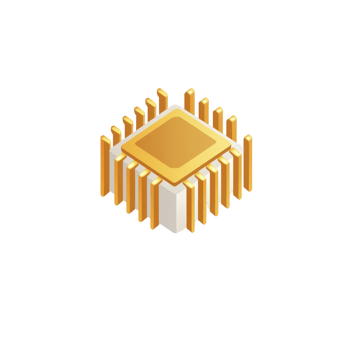 3D illustration of microchip with gold and white color scheme, featuring square shape and vertical lines representing pins. design is modern and sleek, symbolizing technology and innovation png