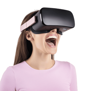 woman wearing virtual reality headset appears excited and engaged, showcasing immersive experience of VR technology. headset is sleek and modern, complementing her casual attire png