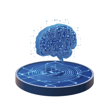 digital brain with circuit patterns hovers above futuristic platform, symbolizing artificial intelligence and technology. glowing blue design conveys innovation and advanced computing png