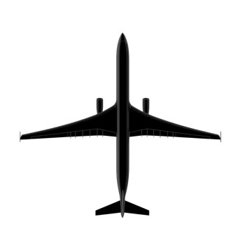 silhouette of large passenger airplane is shown from top down view, highlighting its wingspan and sleek design. image captures aircraft streamlined shape against plain background png