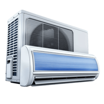 modern air conditioning unit with sleek design, featuring blue front panel and visible outdoor compressor. unit is designed for efficient cooling and energy saving performance png