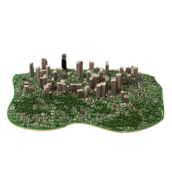 detailed miniature model of modern cityscape features numerous skyscrapers surrounded by lush greenery and smaller buildings, showcasing urban planning and architectural design png