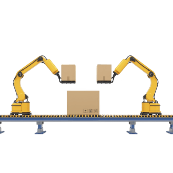 Two robotic arms on conveyor belt handle cardboard boxes, showcasing automation in industrial packaging. scene highlights efficiency and modern technology in logistics png