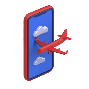red airplane emerges from smartphone screen displaying clouds, symbolizing online travel booking and digital connectivity. 3D illustration conveys innovation and modern technology png