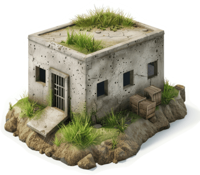 Gray concrete bunker structure on a rocky outcrop. png