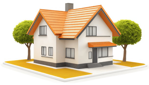 Two trees flank a two-story suburban home with orange roof. png