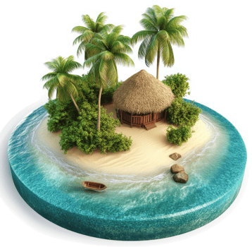 Miniature tropical island with a thatched hut. png