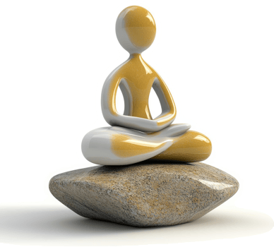 Golden figure in meditation posture atop a stone. png