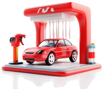 Red car undergoing automated car wash service. png