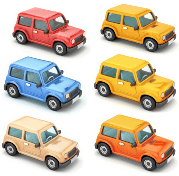 Six colorful, cartoon-style vehicles in a grid pattern. png