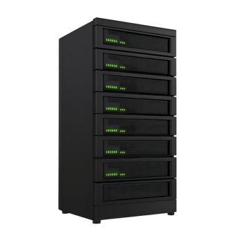 tall, black server rack with multiple units and glowing green indicator lights, suggesting active data processing and storage capabilities. sleek design conveys modern and efficient technology png