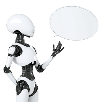 sleek humanoid robot with futuristic design stands with outstretched hand, holding blank speech bubble. robot smooth, white surface and black accents give it modern appearance png