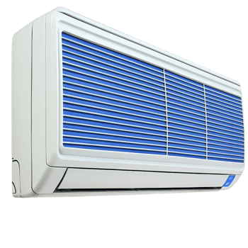 modern wall mounted air conditioner with sleek design and blue vents, ideal for efficient cooling in homes or offices. unit is compact and energy efficient png