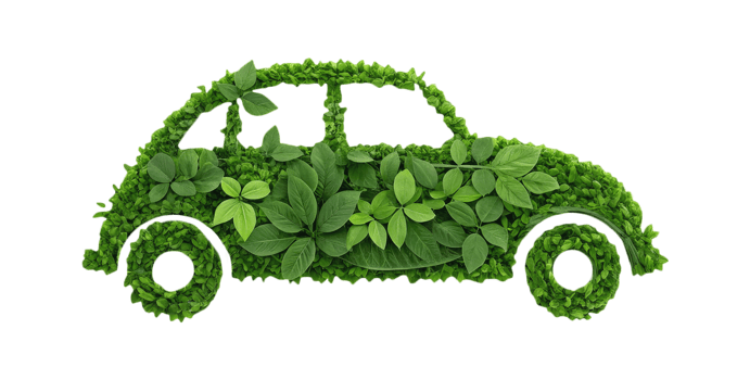 A car made of green leaves on a transparent background clean energy concept png