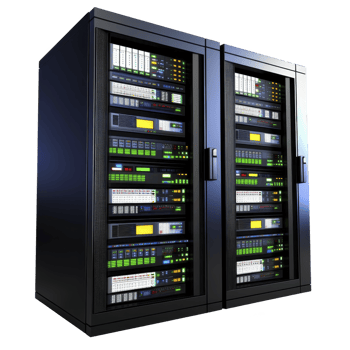 pair of sleek, modern server racks filled with colorful network equipment and blinking lights, representing advanced data storage and processing capabilities png