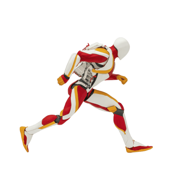 futuristic humanoid robot in dynamic running pose, wearing sleek red and white suit with high tech backpack, showcasing advanced technology and innovation png