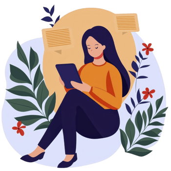 woman with long hair is sitting and reading tablet, surrounded by colorful leaves and flowers, creating peaceful and focused atmosphere png