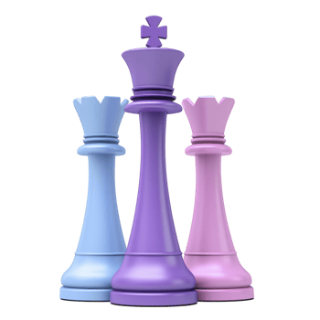 Three colorful chess pieces, including purple king, blue rook, and pink rook, stand together symbolizing strategy and teamwork png