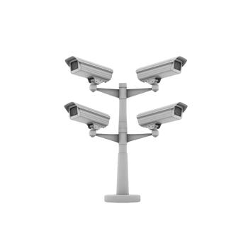 Four surveillance cameras mounted on pole, facing different directions, symbolize security and monitoring. cameras are positioned to cover wide area, ensuring comprehensive surveillance png