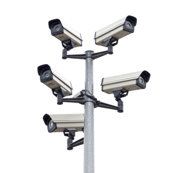 Six surveillance cameras are mounted on tall metal pole, capturing multiple angles for security purposes. cameras are arranged in circular pattern, ensuring comprehensive coverage png