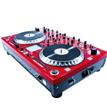vibrant red DJ controller with dual turntables and numerous knobs and buttons, designed for mixing music and creating dynamic soundscapes. Perfect for DJs and music enthusiasts png