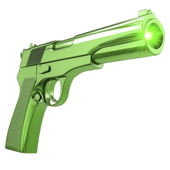 shiny green handgun with glowing barrel, symbolizing futuristic technology or sci fi themes. metallic surface reflects light, giving it sleek and modern appearance png