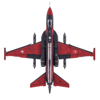 red and black fighter jet is viewed from above, showcasing its sleek design and aerodynamic shape. aircraft features distinctive markings its wings and fuselage, emphasizing its military purpose png
