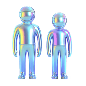 Holographic figures with futuristic design stand side by side, showcasing shiny, iridescent surface. Their smooth, metallic appearance reflects spectrum of colors, creating vibrant and modern png