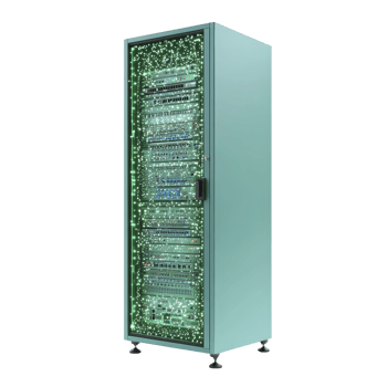 tall, sleek server rack stands with glowing green lights, indicating active data processing. modern design and digital display suggest advanced technology, ideal for data centers png