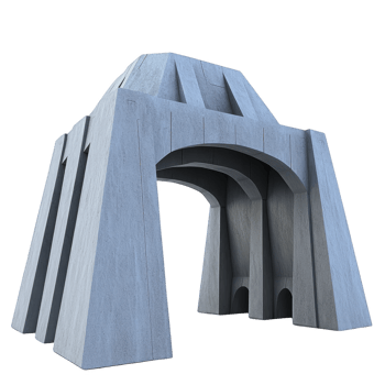 This features modern, abstract architectural structure with geometric design, made of concrete. structure has monumental and futuristic appearance, with large arches and angular lines png