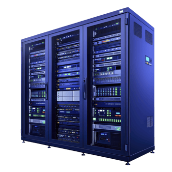 large, modern server rack filled with various networking equipment and servers, illuminated with blue LED lights, showcasing advanced technology and data management capabilities png