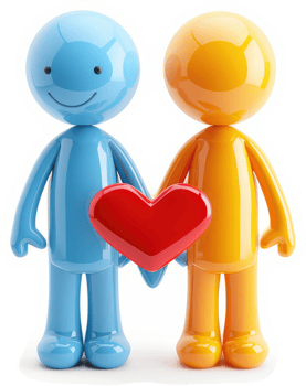 Two colorful figures hold a heart, symbolizing affection. png