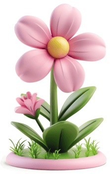 Playful pink flower decoration with stylized leaves and grass. png