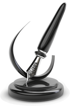 Elegant black pen on a stylized, curved pedestal. png