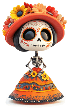 Colorful Day of the Dead skeleton doll in festive attire. png