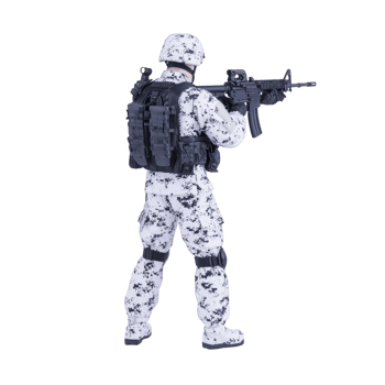 soldier in white and black camouflage gear stands ready with rifle, wearing tactical vest and helmet. uniform blends with snowy environments, emphasizing stealth and readiness png