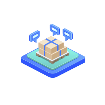 3D illustration of cardboard box on pallet with blue chat bubbles above, symbolizing communication in logistics and shipping. scene is set on blue platform, conveying modern digital theme png