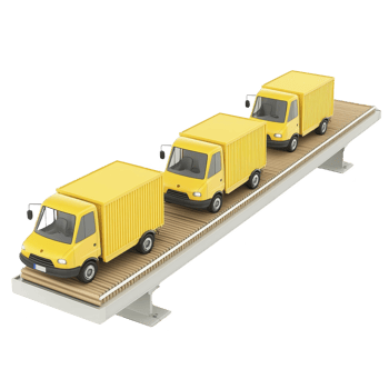 Three yellow delivery trucks are lined up on conveyor belt, symbolizing efficient logistics and transportation. trucks are small and boxy, emphasizing compact design and functionality png