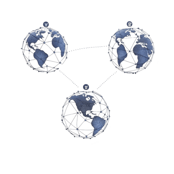 Three interconnected globes with network lines represent global communication and connectivity. blue continents on each globe highlight worldwide interaction and digital networking png