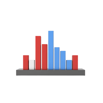 colorful 3D bar chart with red, blue, and white bars on gray base, representing data visualization and analysis. bars vary in height, indicating different values png